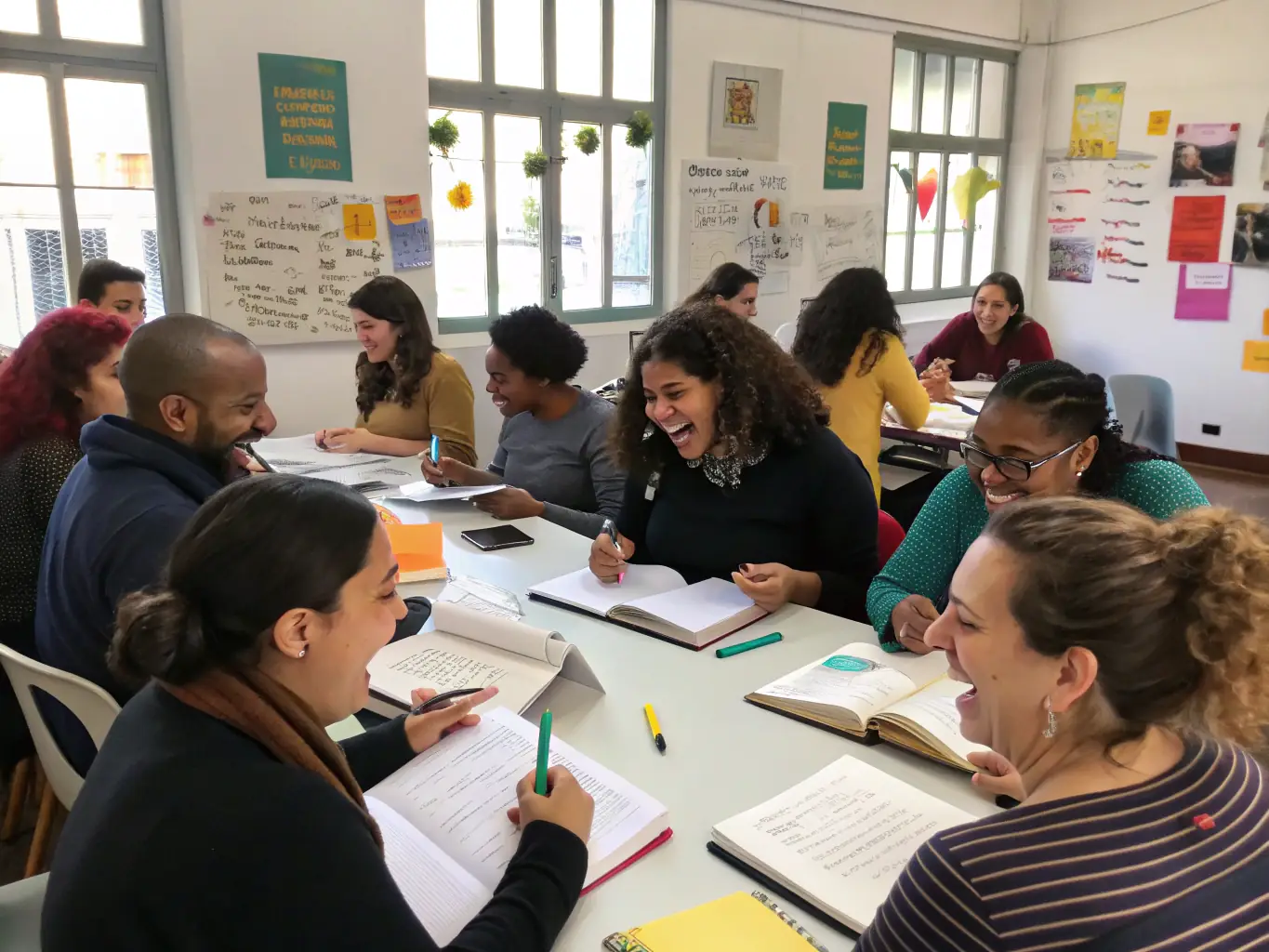 A photograph of a writing workshop, with authors engaged in a collaborative writing exercise, symbolizing the creative community fostered by ASSOCIATION TOTAL RECALL.