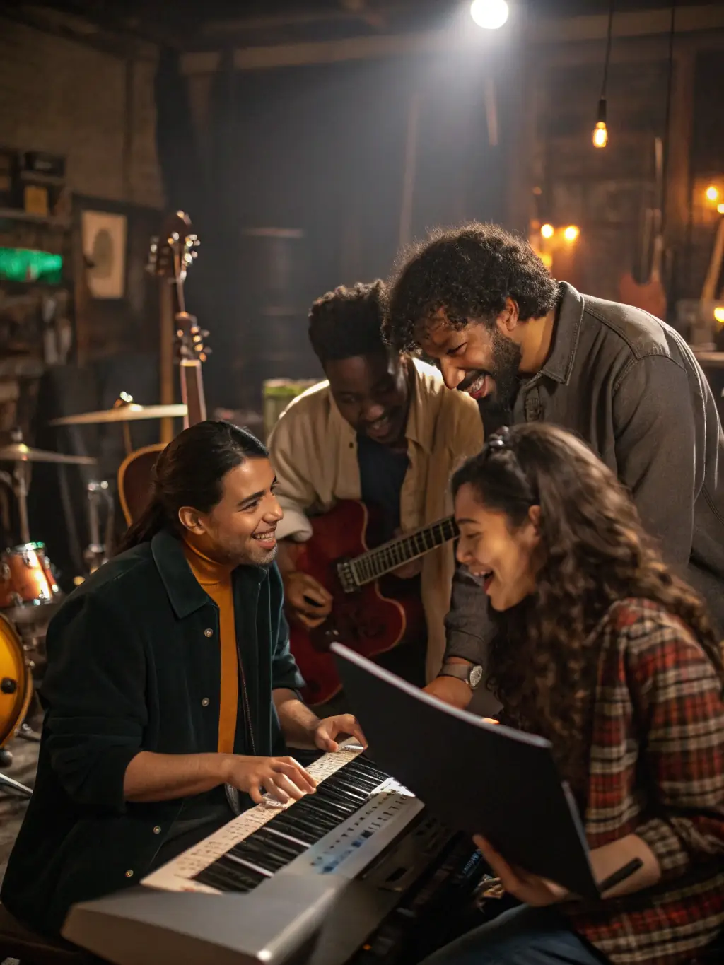 A vibrant image of a songwriting workshop in progress, featuring diverse participants collaborating and learning from experienced composers, set in a modern studio environment.