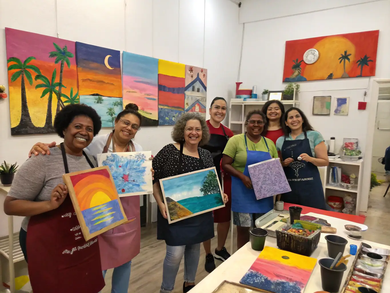 An inspiring image of a diverse group of artists showcasing their work at an ASSOCIATION TOTAL RECALL-sponsored event, highlighting the organization's commitment to promoting artists' visibility.
