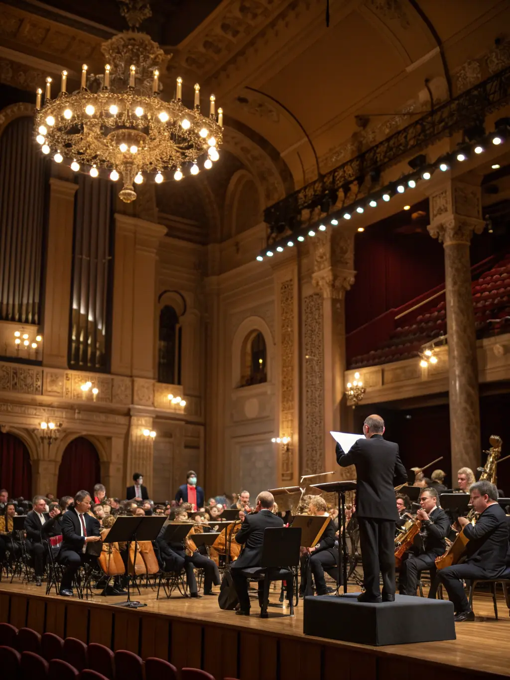 A photograph capturing a live performance event supported by ASSOCIATION TOTAL RECALL, showcasing a composer leading an orchestra in a concert hall.