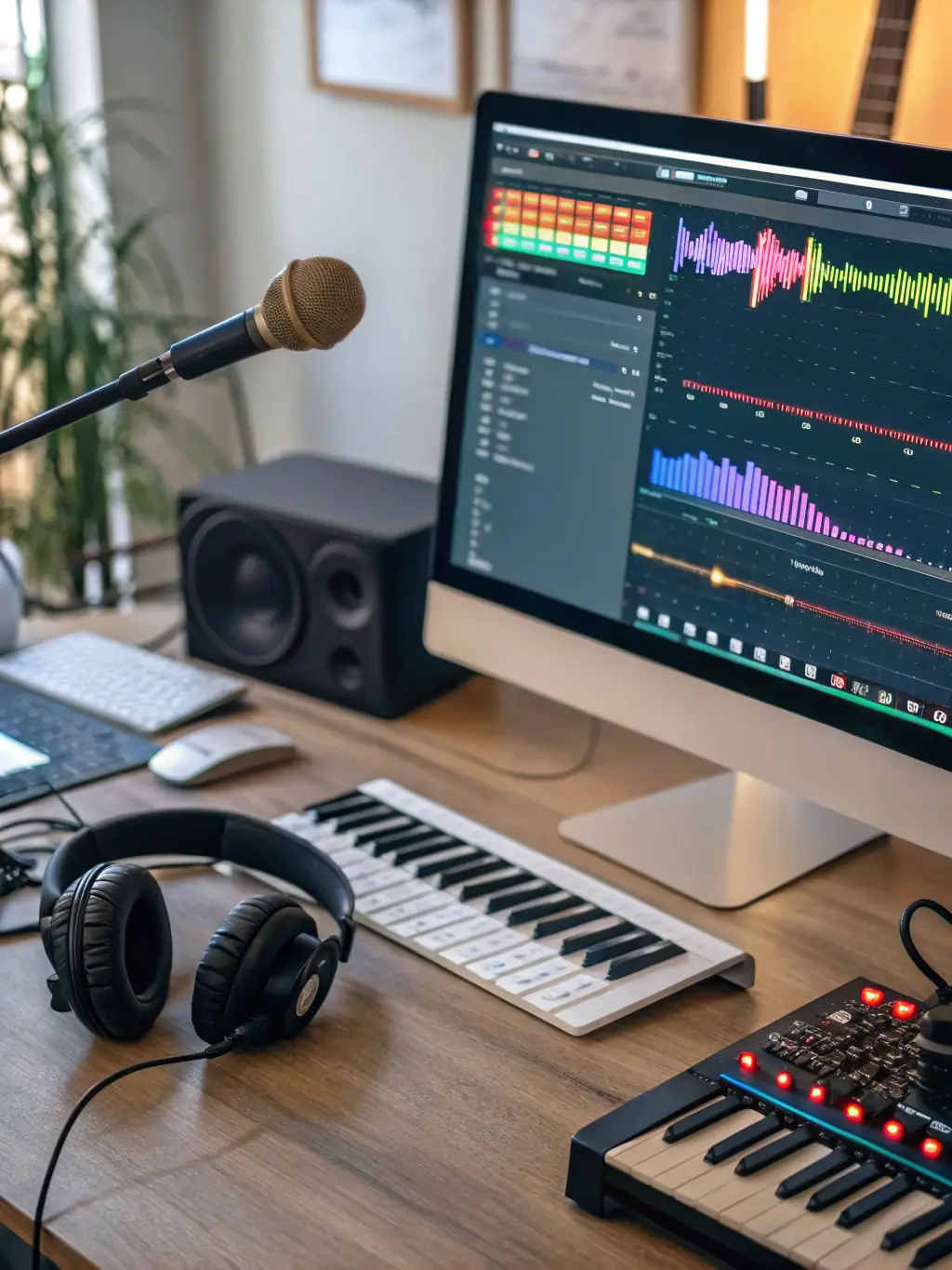 A dynamic image of a digital music production session, showing an artist using software and equipment to create and refine their musical compositions.