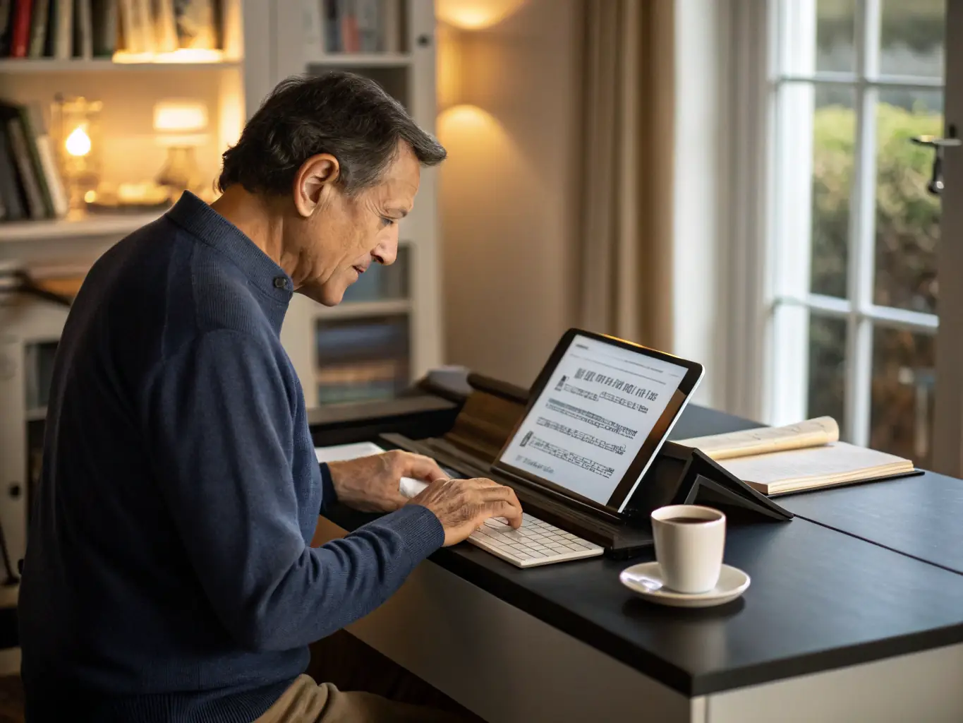 A dynamic image of a composer working on sheet music, with a piano in the background, symbolizing the dedication and craftsmanship fostered by ASSOCIATION TOTAL RECALL's workshops and masterclasses.
