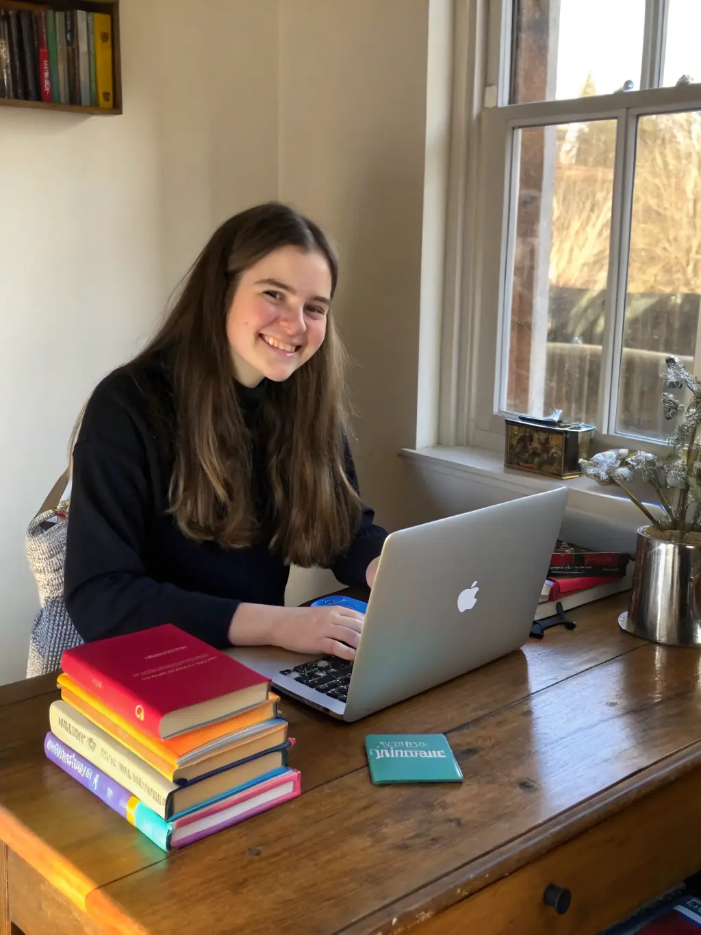 A focused image of an author working on their manuscript, surrounded by books and notes, in a cozy and inspiring writing space.