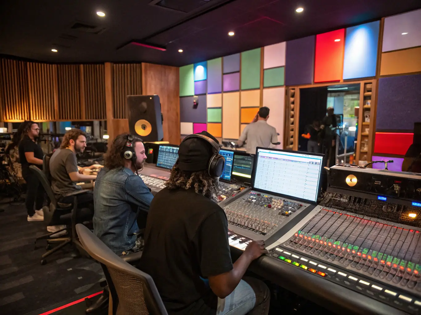 A vibrant image showcasing a group of musicians collaborating in a recording studio, surrounded by instruments and sound equipment, reflecting the collaborative spirit of ASSOCIATION TOTAL RECALL's artist support program.